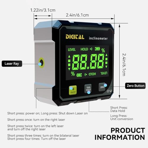 LABART LCD Digital Angle Finder with Laser Level, 4-Side Strong Magnetic Angle Gauge, Cube Inclinometer Level Meter Protractor with Data Retention Function, for Table Saw, Woodworking Measuring Tool - Image 2