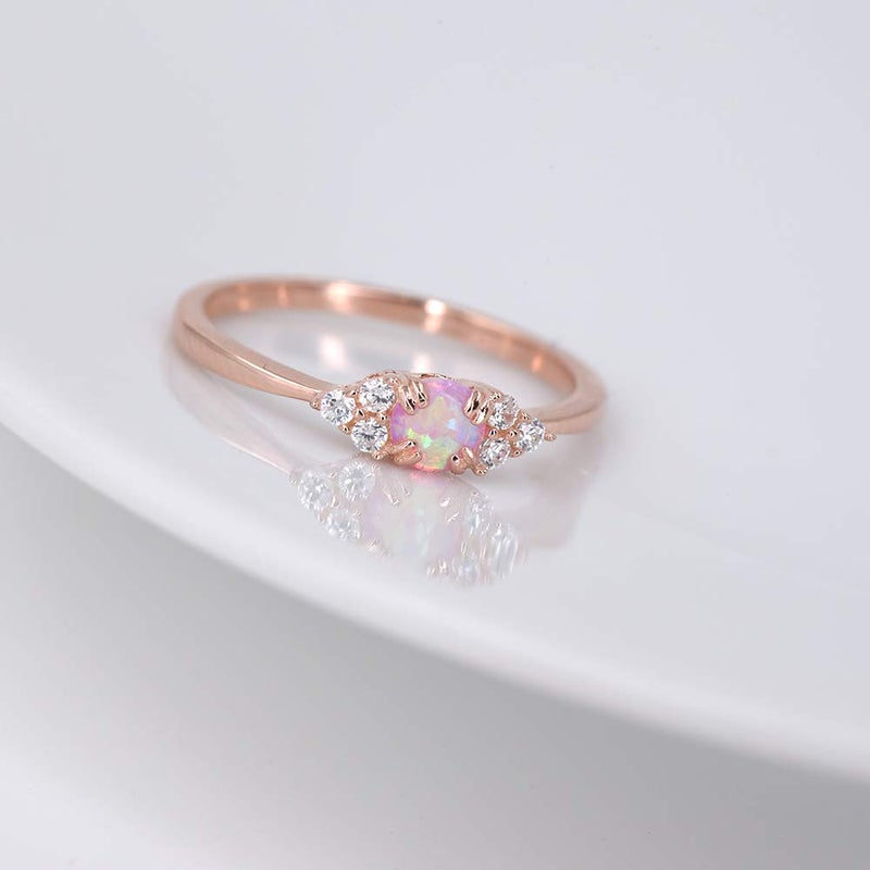 espere Sterling Silver Halo Opal Stacking Ring Simple Dainty Rose Gold Ring Pink Opal Ring Birthstone Ring Size 7 - Image 5