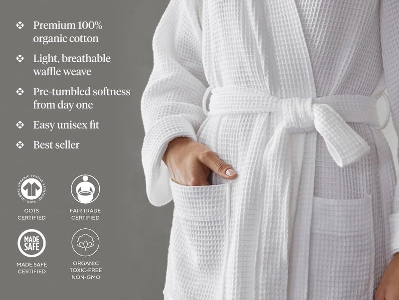 Coyuchi Unisex Organic Waffle Robe, Long Bathrobe, Cotton, Alpine White, (L-XL) - Image 3