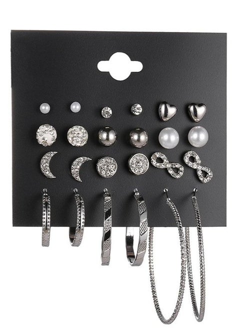 طقم أقراط مرصعة أنيقة مضادة للحساسية للنساء، مكون من ١٢ زوجًا، مع حلق أذن كبير وثقب أذن على شكل قمر، أقراط فضية متعددة الأنماط.