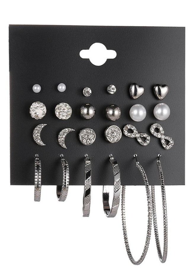 طقم أقراط مرصعة أنيقة مضادة للحساسية للنساء، مكون من ١٢ زوجًا، مع حلق أذن كبير وثقب أذن على شكل قمر، أقراط فضية متعددة الأنماط. - Image 1
