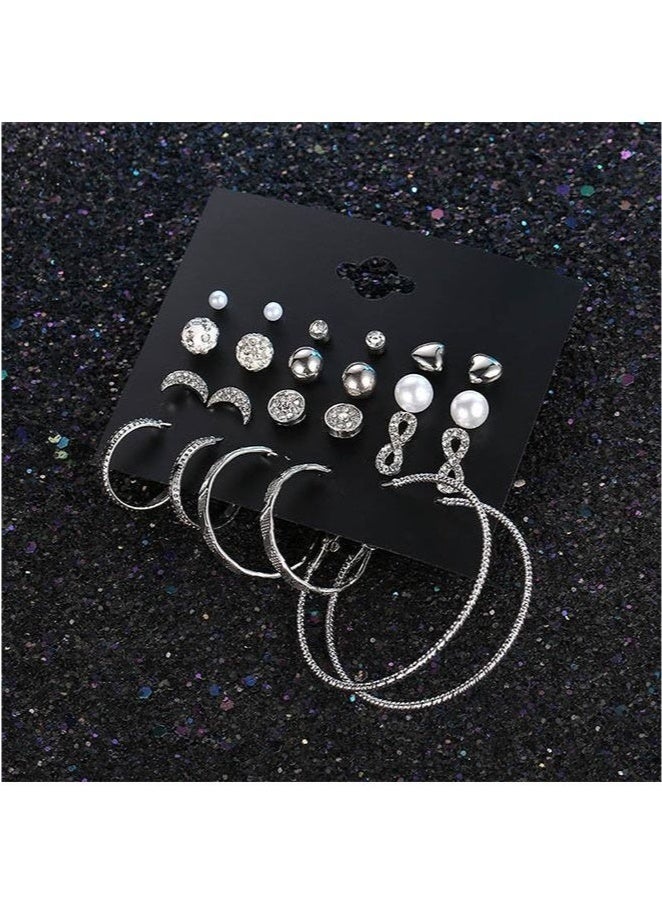 طقم أقراط مرصعة أنيقة مضادة للحساسية للنساء، مكون من ١٢ زوجًا، مع حلق أذن كبير وثقب أذن على شكل قمر، أقراط فضية متعددة الأنماط. - Image 3