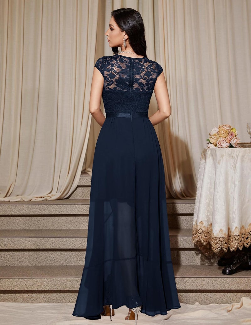 Bbonlinedress Women's V-Neck Hi-Lo Mother of The Bride Dress Floral Lace Cocktail Prom Party Formal Wedding Guest Dress Navy 2XL - Image 3