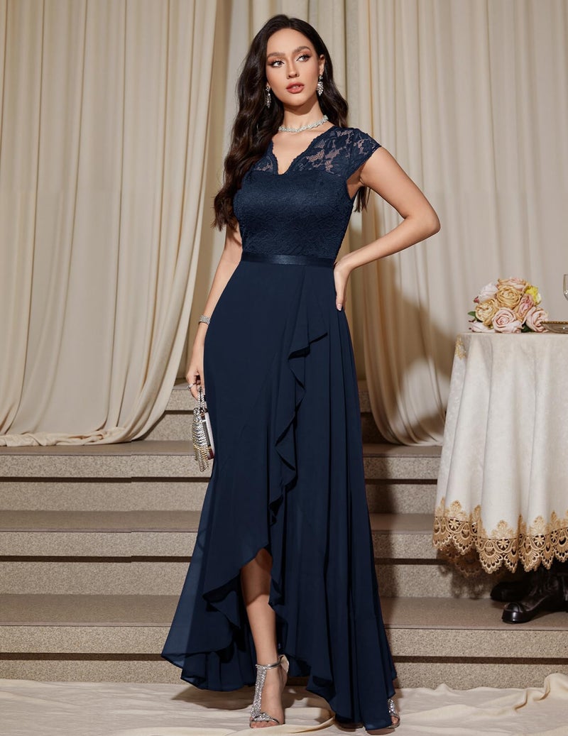 Bbonlinedress Women's V-Neck Hi-Lo Mother of The Bride Dress Floral Lace Cocktail Prom Party Formal Wedding Guest Dress Navy 2XL - Image 4
