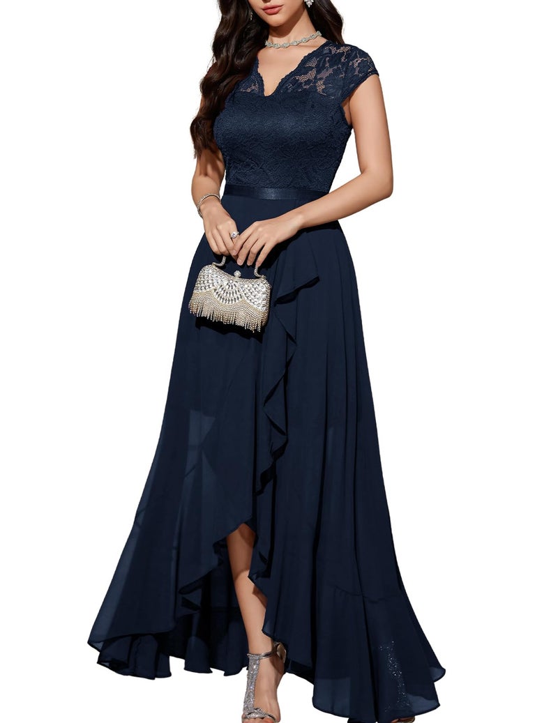 Bbonlinedress Women's V-Neck Hi-Lo Mother of The Bride Dress Floral Lace Cocktail Prom Party Formal Wedding Guest Dress Navy 2XL - Image 1