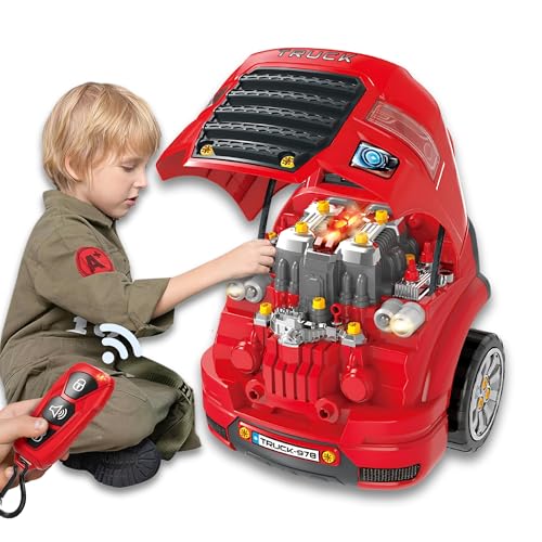 OLEOCA Large Truck Engine Toy Interactive Steering Wheel Engine Building Kit Kids Mechanic Tool Set with Light Sound 56 PCS Take Apart Toys for Boys Ages 3 - Image 1