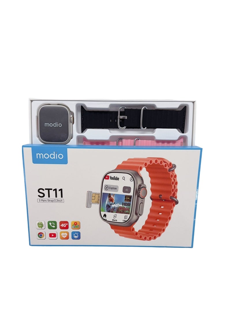 ساعة ذكية ST11 مع 3 أزواج من الأشرطة، واتصال بشبكة 2.2 بوصة مع دعم بطاقة SIM 4G ومتصلة بشبكة wifi