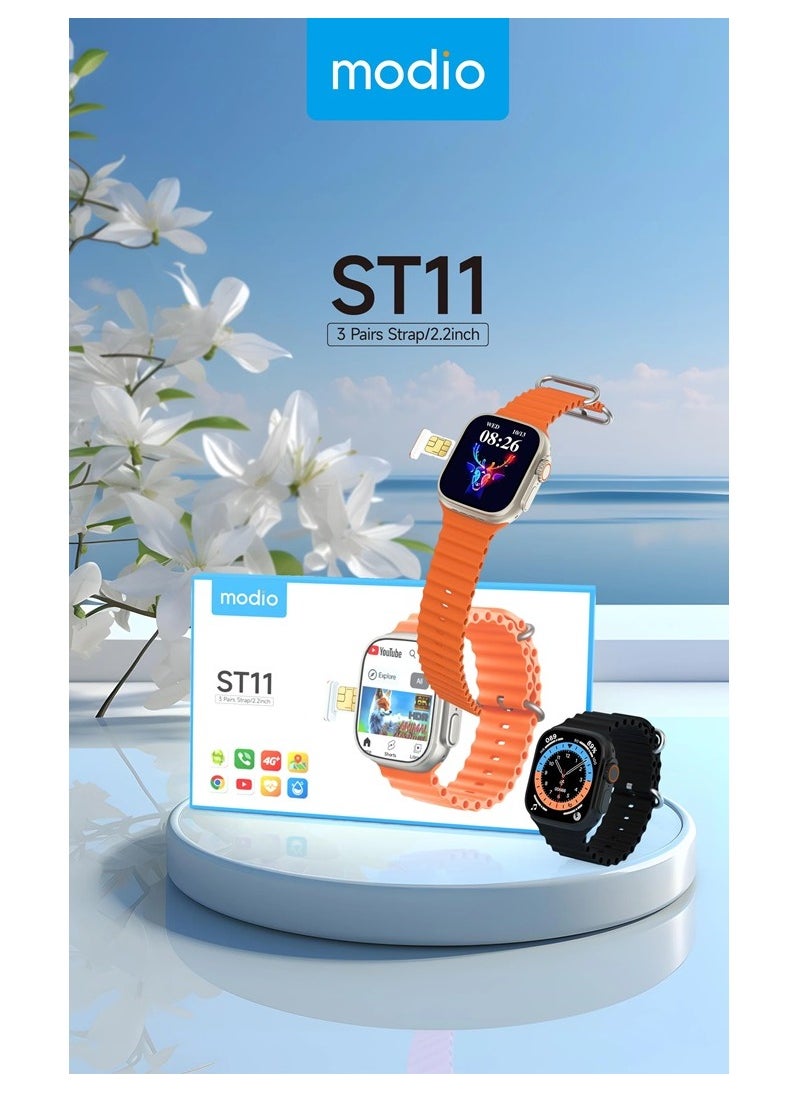 ساعة ذكية ST11 مع 3 أزواج من الأشرطة، واتصال بشبكة 2.2 بوصة مع دعم بطاقة SIM 4G ومتصلة بشبكة wifi