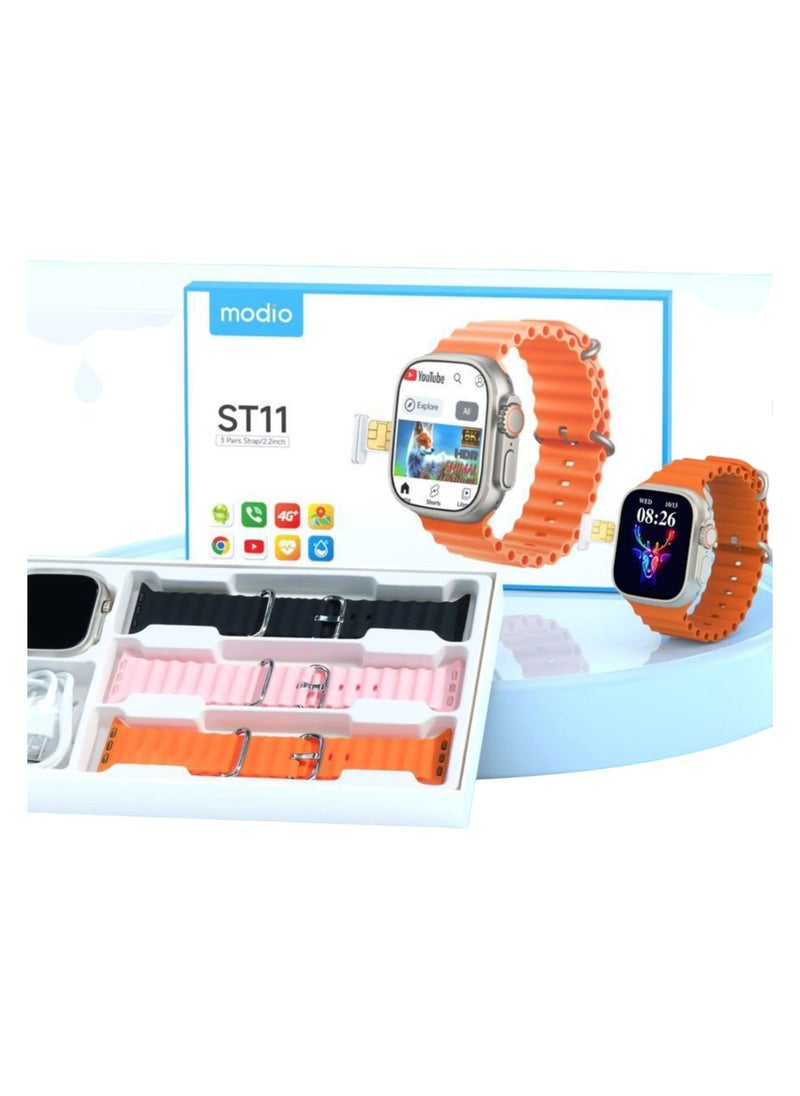 ساعة ذكية ST11 مع 3 أزواج من الأشرطة، واتصال بشبكة 2.2 بوصة مع دعم بطاقة SIM 4G ومتصلة بشبكة wifi
