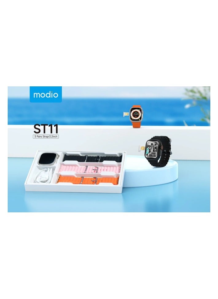 ساعة ذكية ST11 مع 3 أزواج من الأشرطة، واتصال بشبكة 2.2 بوصة مع دعم بطاقة SIM 4G ومتصلة بشبكة wifi