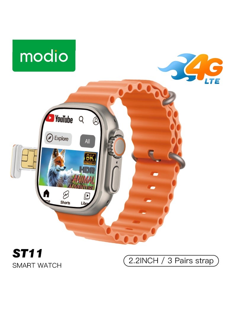 ساعة ذكية ST11 مع 3 أزواج من الأشرطة، واتصال بشبكة 2.2 بوصة مع دعم بطاقة SIM 4G ومتصلة بشبكة wifi