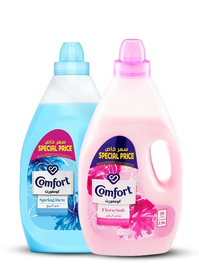 Comfort Fabric Softener Spring Dew and Flora Soft with freshness-burst technology for longer lasting fragrance & soft clothes, 2x2.9L