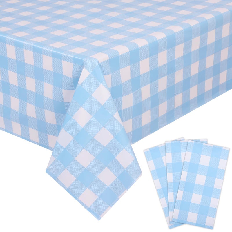 Kesfey 3 Packs Light Blue Gingham Tablecloth Pale Blue and White Checkered Tablecloths 54 x 108 Inches Disposable Plastic Gingham Tablecovers Waterproof Rectangle Picnic Table Cover for Birthday Party - Image 1