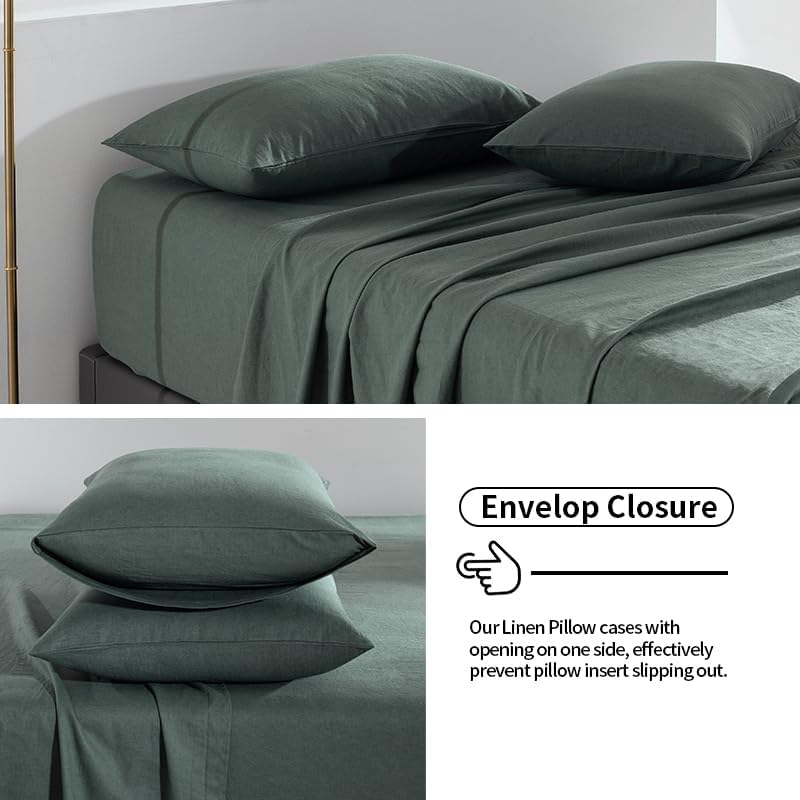 TUMEI 100% Linen Sheets Queen - 4Pcs Green Linen Sheets Set Queen Size Bed Set with Soft Breathable and Durable Deep Pocket Fitted Sheet & Flat Sheet & 2 Pillowcases - Image 5