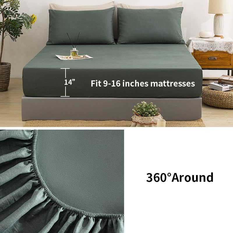 TUMEI 100% Linen Sheets Queen - 4Pcs Green Linen Sheets Set Queen Size Bed Set with Soft Breathable and Durable Deep Pocket Fitted Sheet & Flat Sheet & 2 Pillowcases - Image 4
