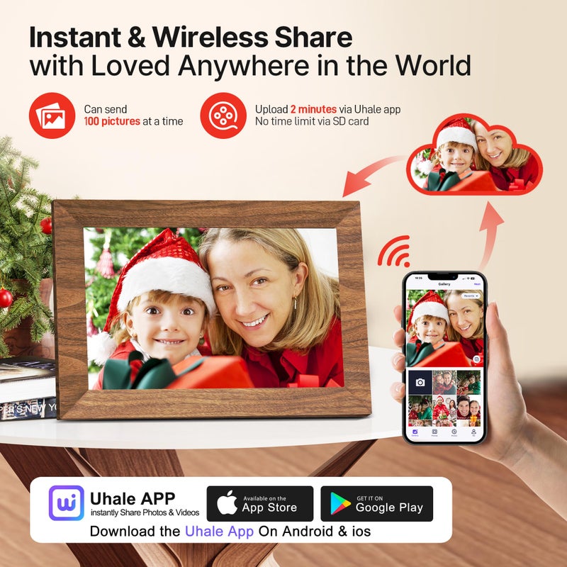 MaxAngel Uhale Digital Picture Frame 32GB Storage 10.1 Inch Wood WiFi Electronic Photo Frames SD Card Slot IPS Touch Screen HD Display Auto Rotate Slideshow Share Videos Photos Instantly Send Wishes Remotely - Image 2