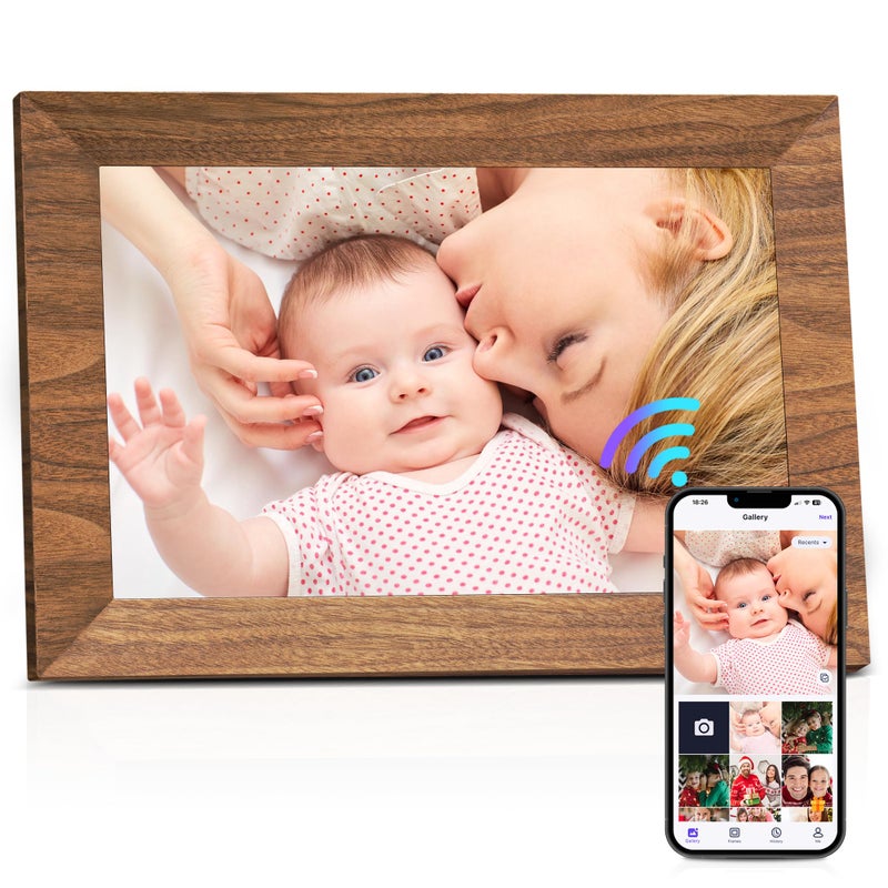 MaxAngel Uhale Digital Picture Frame 32GB Storage 10.1 Inch Wood WiFi Electronic Photo Frames SD Card Slot IPS Touch Screen HD Display Auto Rotate Slideshow Share Videos Photos Instantly Send Wishes Remotely - Image 1