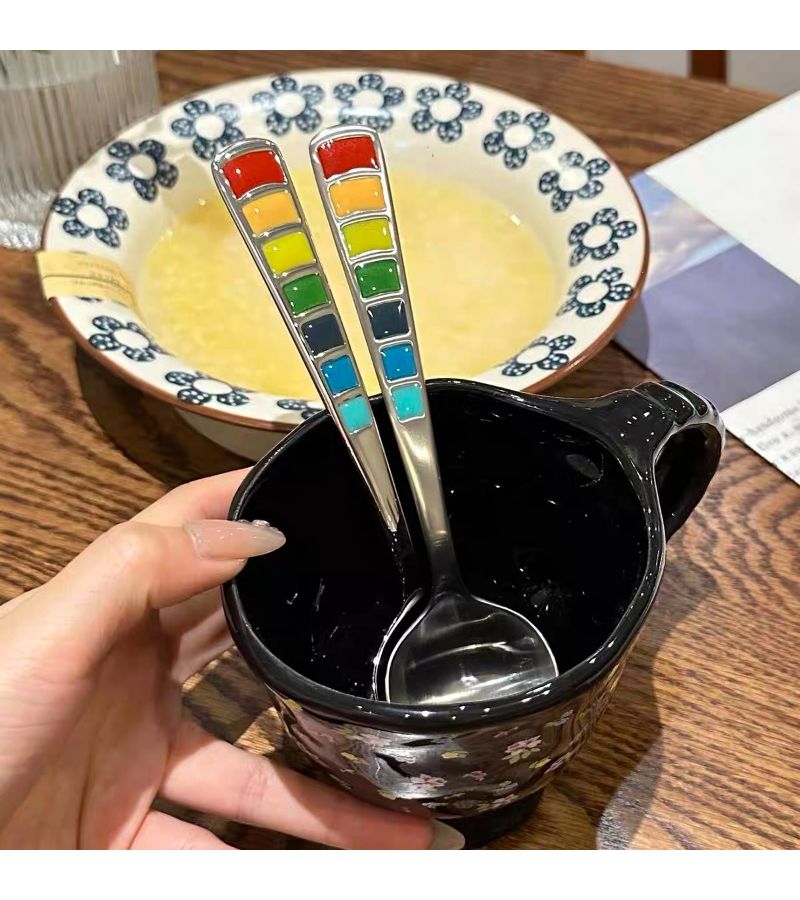 Rainbow Enamel Stainless Steel Soup Spoon 2 Pieces for Dessert Coffee Tea - Image 4