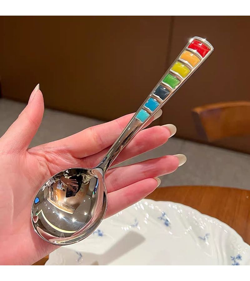 Rainbow Enamel Stainless Steel Soup Spoon 2 Pieces for Dessert Coffee Tea - Image 3