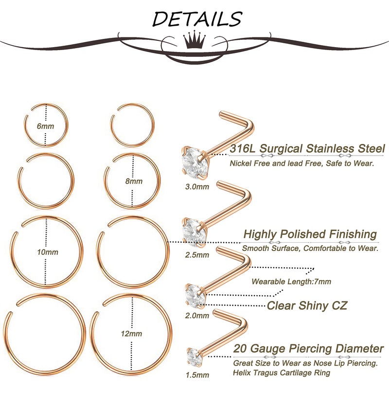 Masedy Nose Rings 12Pcs 20G 316L Stainless Steel L Shaped Nose Studs Cartilage Tragus Septum Piercing 6-12MM (B: 12Pcs Rose Gold) - Image 3