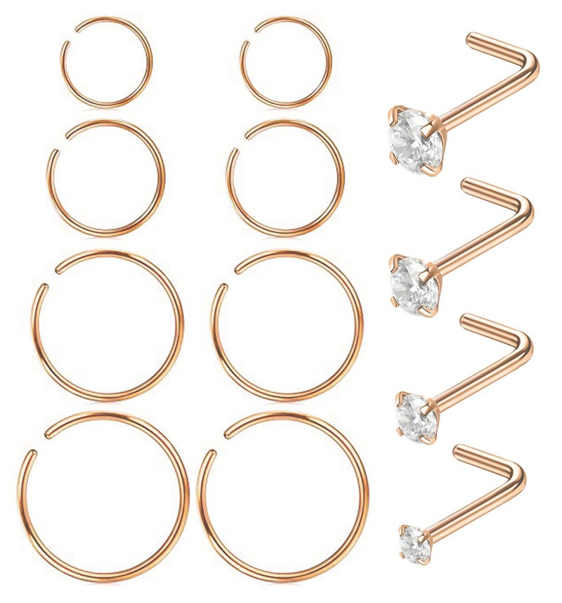 Masedy Nose Rings 12Pcs 20G 316L Stainless Steel L Shaped Nose Studs Cartilage Tragus Septum Piercing 6-12MM (B: 12Pcs Rose Gold) - Image 1