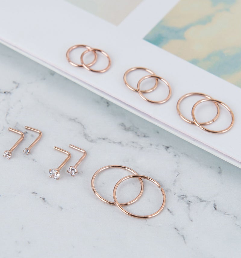 Masedy Nose Rings 12Pcs 20G 316L Stainless Steel L Shaped Nose Studs Cartilage Tragus Septum Piercing 6-12MM (B: 12Pcs Rose Gold) - Image 5