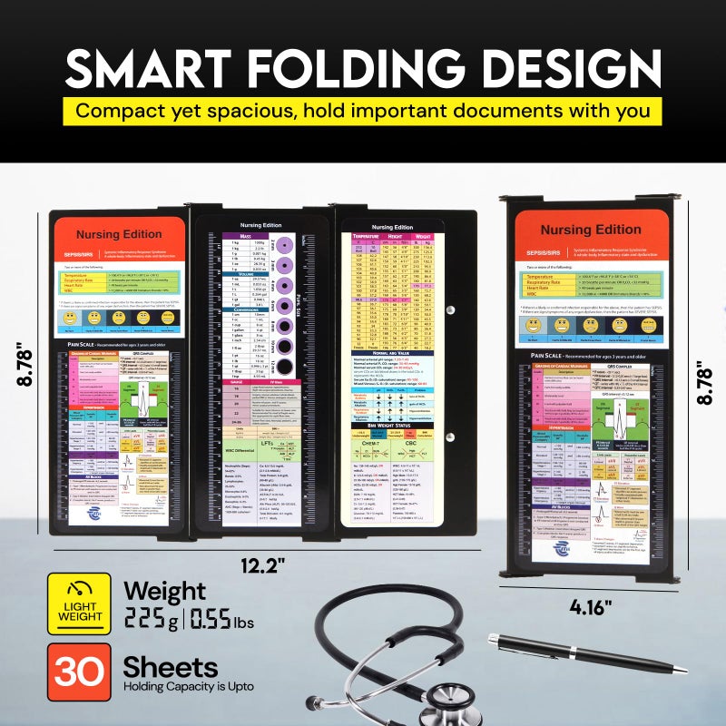 SC Printing World Nursing Clipboard Foldable with Medical Edition Cheat Sheets, 3 Layers Aluminum Foldable Clipboard for Nursing, Notepad for Students, Nursing School Essentials (Black) - Image 3