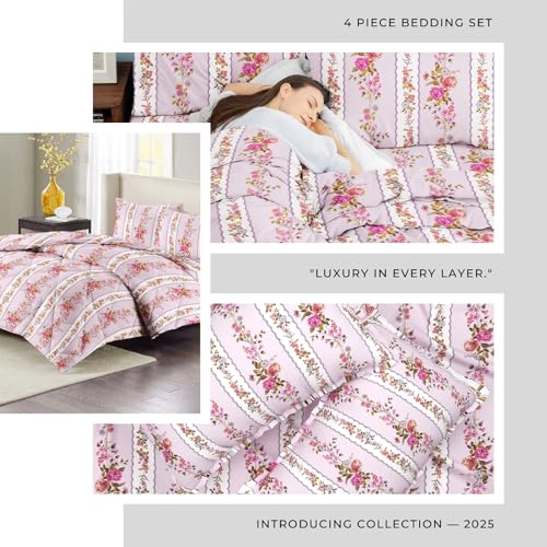 VAS COLLECTIONS Super Soft Glace Cotton King Size AC Comforter Wedding Gift Set (with Bag) for Double Bed with 1 Flat Bedsheet and 2 Pillow Cover (4PC Comforter Set) Pink Flowers - Image 3