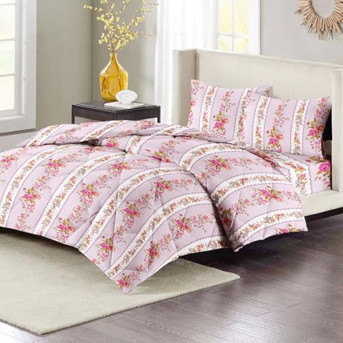 VAS COLLECTIONS Super Soft Glace Cotton King Size AC Comforter Wedding Gift Set (with Bag) for Double Bed with 1 Flat Bedsheet and 2 Pillow Cover (4PC Comforter Set) Pink Flowers - Image 1