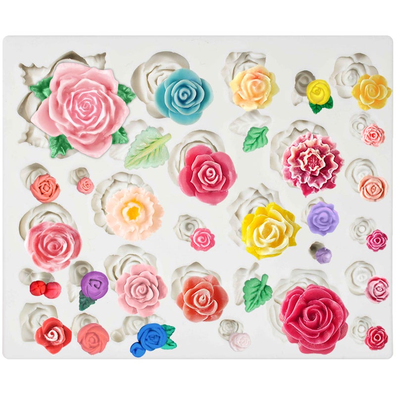 Funshowcase 32 Cavity Roses Flower Fondant Candy Silicone Mold for Sugarcraft Cake Decoration, Cupcake Topper, Polymer Clay, Soap Wax Making, Resin Jewelry Casting Crafting Projects - Image 1