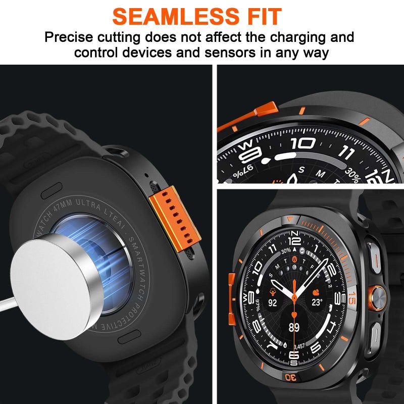 Suphart Metal Cover Compatible with Samsung Galaxy Watch Ultra Case 2025/2024, 2 in 1 Protective Rugged Bumper with Back Frame for Galaxy Watch 47mm (Black/Orange) - Image 4