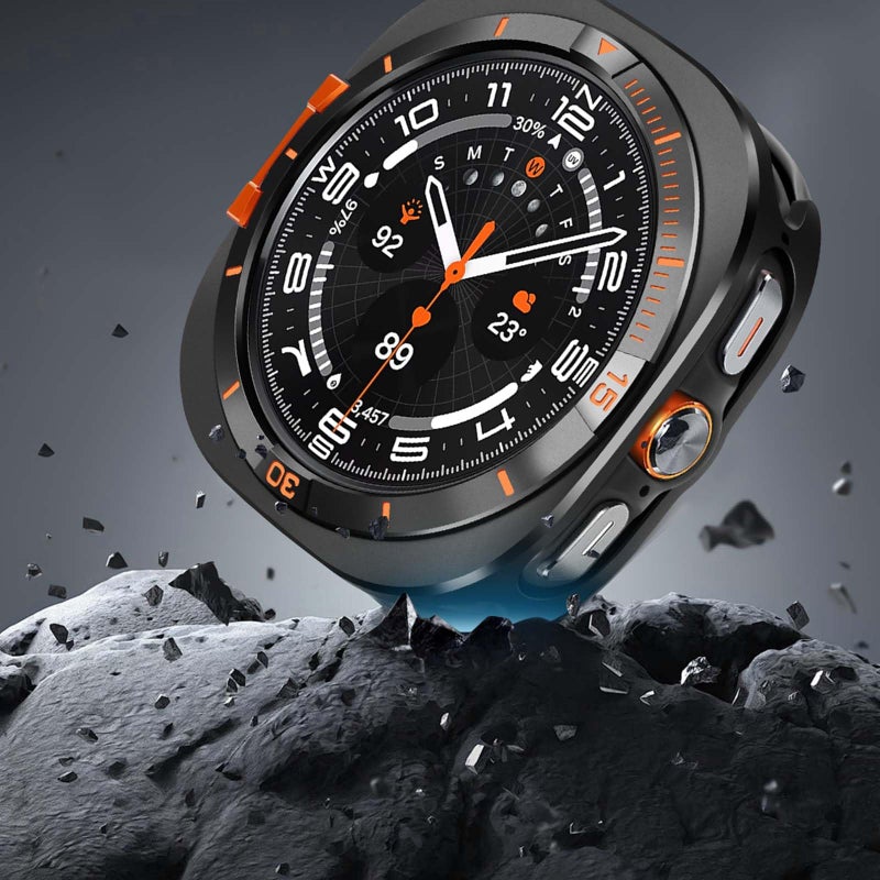 Suphart Metal Cover Compatible with Samsung Galaxy Watch Ultra Case 2025/2024, 2 in 1 Protective Rugged Bumper with Back Frame for Galaxy Watch 47mm (Black/Orange) - Image 3