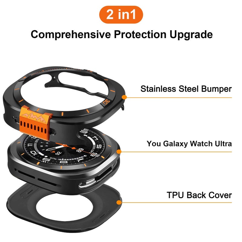 Suphart Metal Cover Compatible with Samsung Galaxy Watch Ultra Case 2025/2024, 2 in 1 Protective Rugged Bumper with Back Frame for Galaxy Watch 47mm (Black/Orange) - Image 2