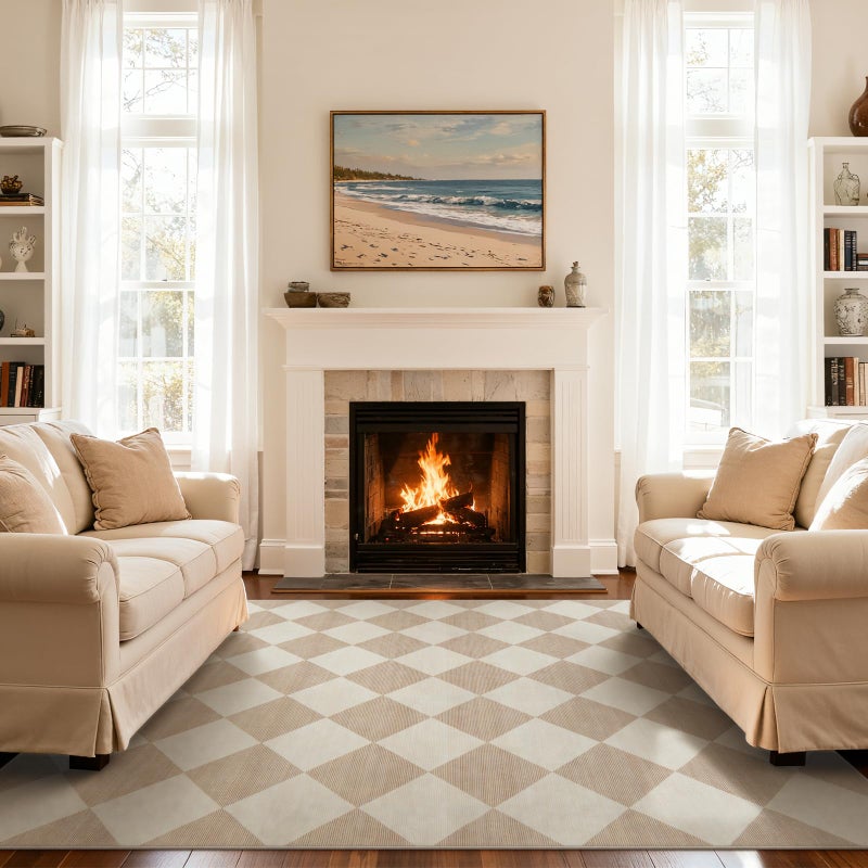 Beeiva Checkered Print Living Room Rugs 8x10, Moroccan Beige Washable Area Rug 8X 10 Non Slip Soft Bedroom Carpet, Geometric Plaid Aesthetic Decor Ultra Thin Large Carpet for Dining Room Office - Image 1