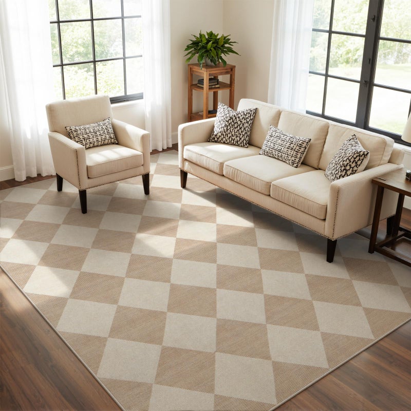 Beeiva Checkered Print Living Room Rugs 8x10, Moroccan Beige Washable Area Rug 8X 10 Non Slip Soft Bedroom Carpet, Geometric Plaid Aesthetic Decor Ultra Thin Large Carpet for Dining Room Office - Image 2