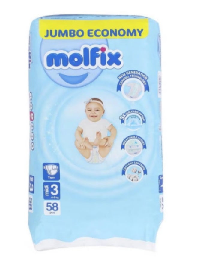 مولفيكس حفاضات ميدي مقاس 3 عبوة جامبو 4-9 كجم - 58 حفاضة
