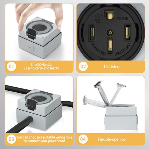Joinfworld 50 Amp RV Outlet Box, 125/250V NEMA 14-50R RV Receptacle ETL Listed, Weatherproof Electrical Power Outlet Panel for RV Camper Trailer Motorhome - Image 3