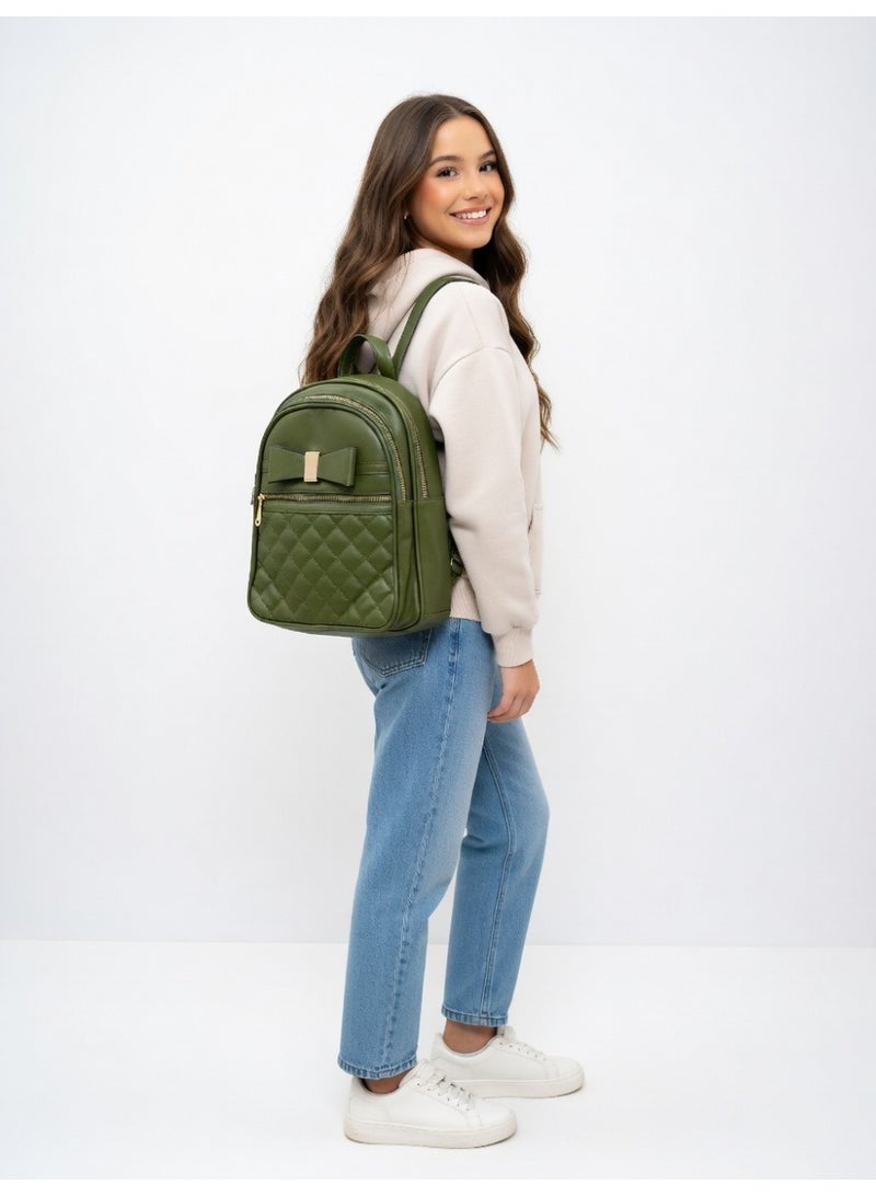 Elegant Quilted Bow Backpack – Premium Fashion Mini Backpack for Women-Olive Green - Image 5