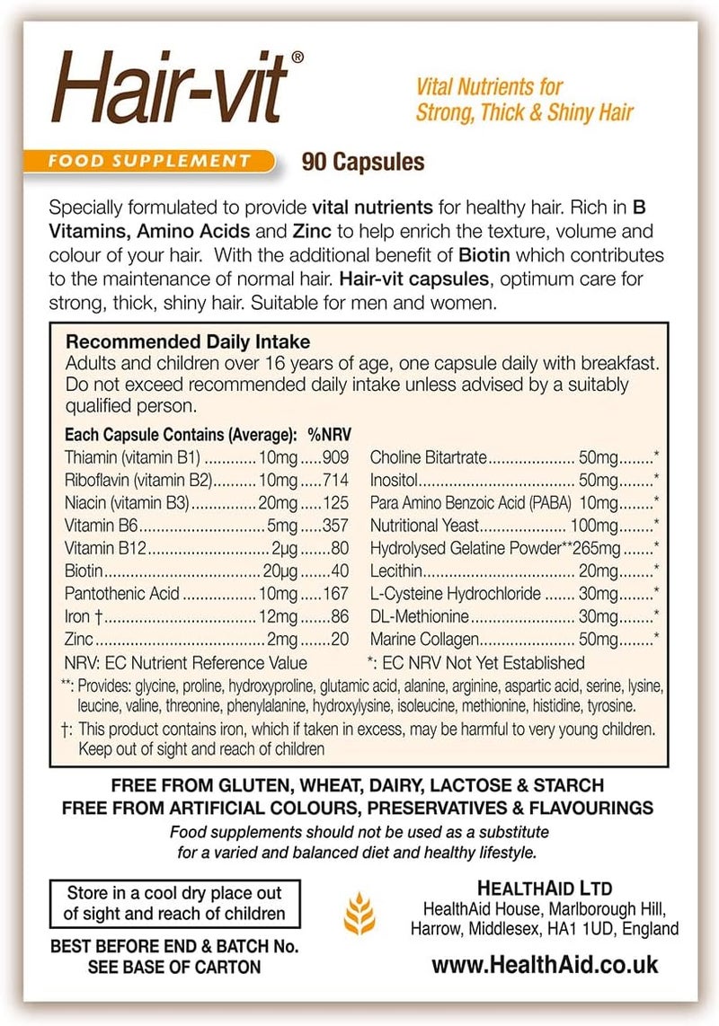 HealthAid Hair VIT Capsules - 90 Count for Strong, Thick, and Shiny Hair with B-Vitamins and Essential Amino Acids - Image 4
