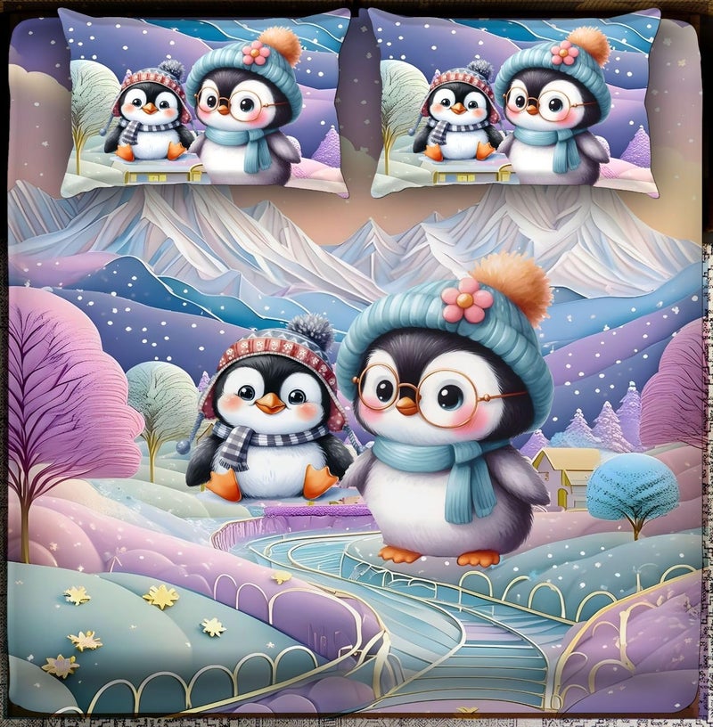 BhaiJi BedSheet 300 TC King Size Glace Cotton Double Bed HD Digital Printed Bed Sheets for Double Bed with 2 Pillow Covers || Large 108x108 Inch Without Joints - Penguins - Image 4