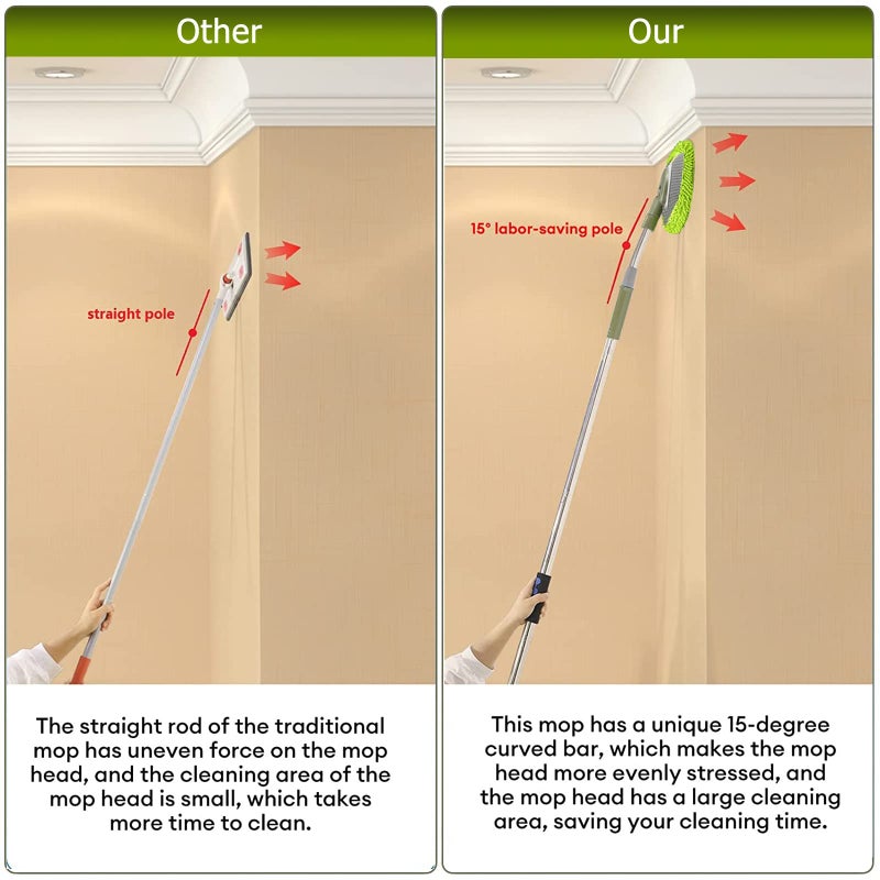 SLIIMU Wall Cleaner, Max 66'' Wall Mop with Long Handle, Ceiling Dust Mop with 15Â° Labor-Saving Elbow Extension Pole, Baseboard Duster Washer Scrubber, High Reach Window Cleaning Brush, Roof Cleaning Tool-GN - Image 4