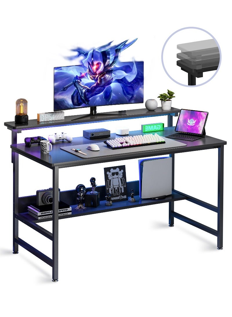 ADEBOLA Gaming Table with 3 Heights Adjustable Monitor Stand,Home Office Desk with Bookshelf 110*40*75 CM - Image 1