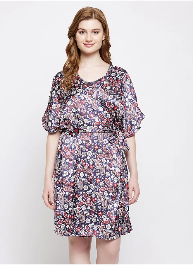 Clovia Clovia Paisley Print Short Night Dress & Robe Set in Navy - Satin