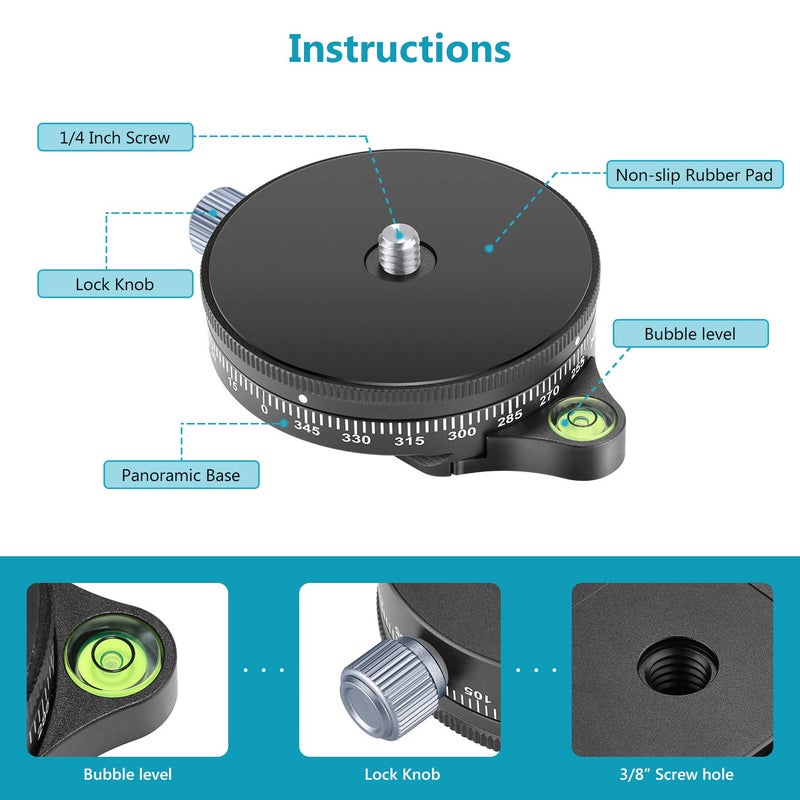 Neewer Camera Panoramic Panning Base with Style Plate, 3/8-inch Screw Aluminum Alloy Panorama Ball Tripod Head with Bubble Level for Tripod Monopod DSLR Cameras, Load Capacity 22 LBS - Image 3