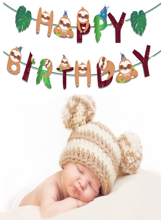 BHNACIER Sloth Birthday Banner Sloth Theme Happy Birthday Banner Sloths Party Supplies Cute Sloths Pattern Bunting Garland for Jungle Animals Baby Shower Theme Decorations - Image 4