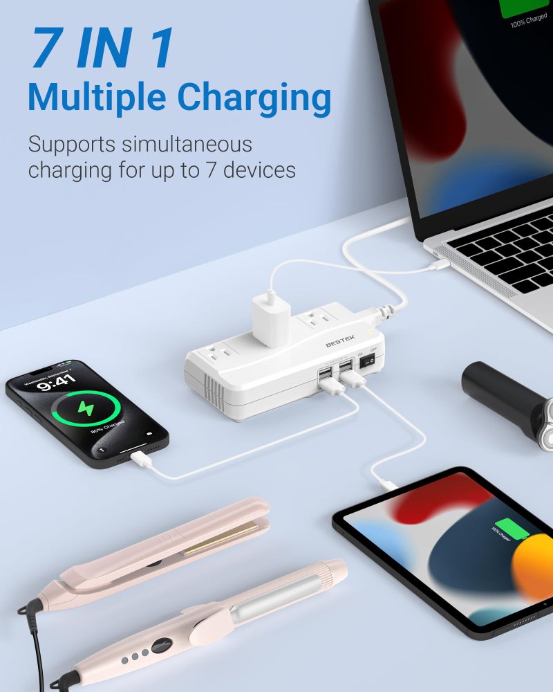 BESTEK محول السفر العالمي BESTEK 100-220V إلى 110V محول جهد 250W مع شحن USB 6A 4 منافذ و 3 مآخذ AC ومحول قابس عالمي EU/UK/AU/US/الهند (أبيض) - Image 4