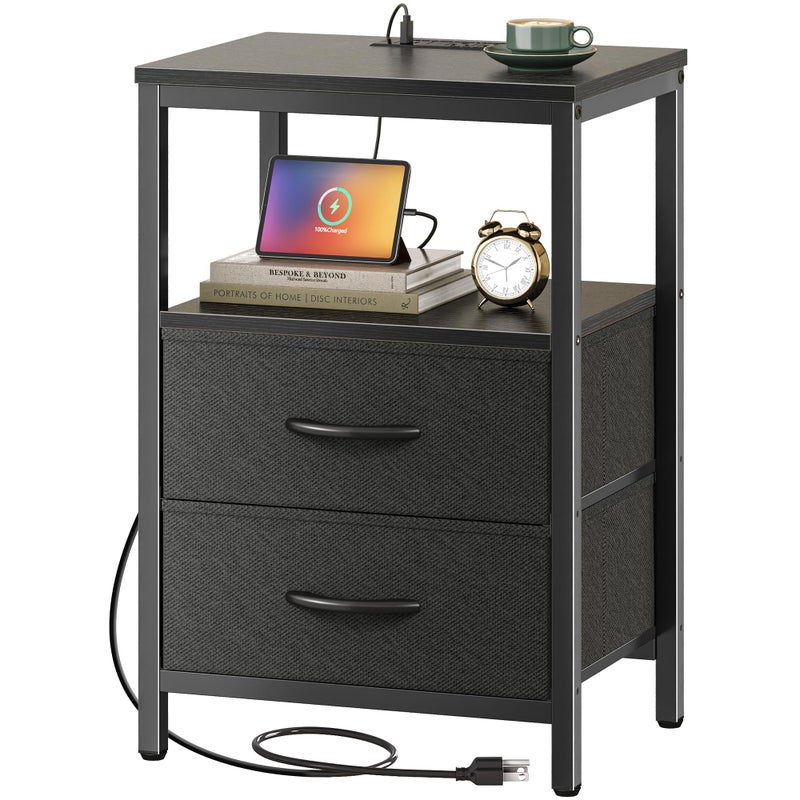 Huuger Nightstand with Charging Station Side Table with 2 Fabric Drawers End Table with Open Shelf Bedside Table with USBC Port and Outlets Night Stand for Bedroom Black