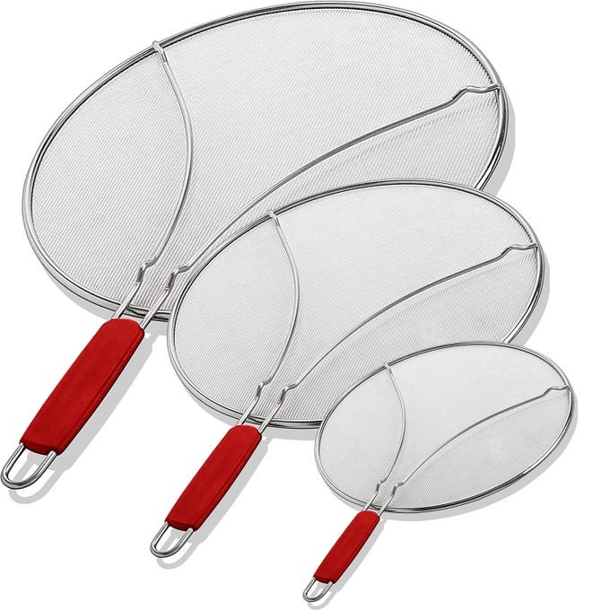 60134ST SET OF 3 SPLATTER SCREENS 13 115 AND 95 STAINLESS STEEL FINE MESH COMFORT GRIP HANDLES GREASE OIL GUARD FOR FRYING PANS BOILING POTS SAFE COOKING LID SET OF 3