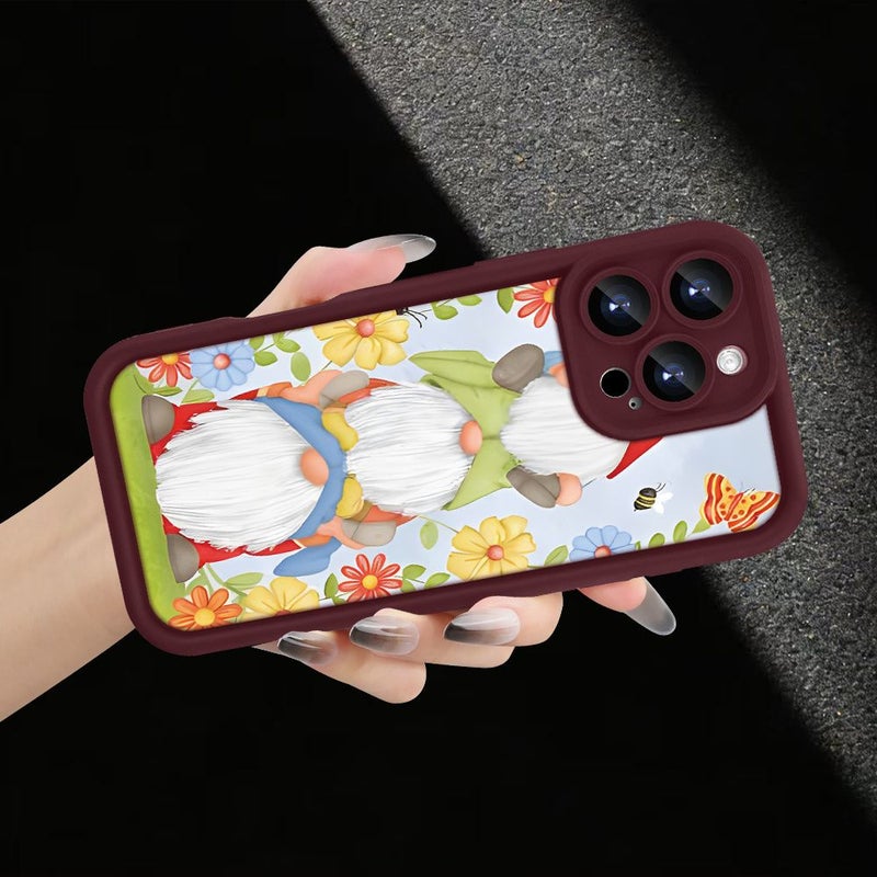 Burgundy Gnome Painted Phone Case Compatible With iPhone 15 Plus Creative All Seeing Eye Ladder Pattern Fashionable Gift For Family - Image 2