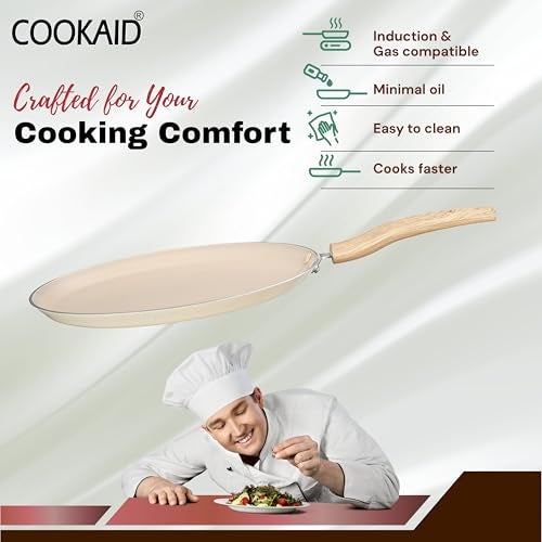 COOKAID Dosa Tawa Non Stick 28 cm | Non Stick PTFE | ISI Certified | Aluminium Body | Low-Oil Cooking, Quick & Even Heating, Gas & Induction Compatible | Neo Glide - Cream - Image 4